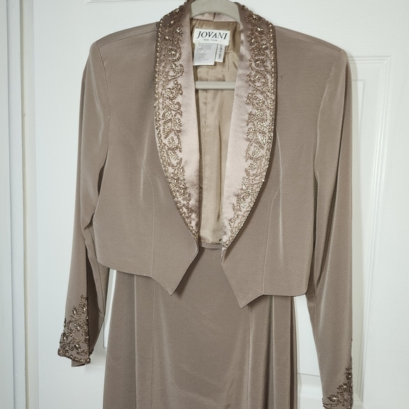 JOVANI Taupe Dress with beaded trim on gown and Jacket - Picture 2 of 6